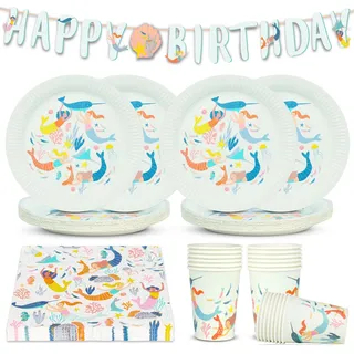 Talking Tables Meerjungfrau Party-Dekorationen & Tischzubehör Bundle, 50-tlg. – Teller, Becher, Servietten, Girlande, Tischdecke für Unterwasser-Kindergeburtstag