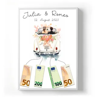codiarts. Personalisiertes Geldgeschenk Poster – optional mit Rahmen – Gastgeschenk Hochzeit mit Namen und Datum – Hochzeitsgeschenk für Brautpaar (Auto 5, DIN A4)