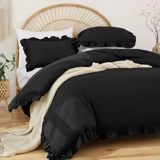 OEM Rüschenbettwäsche Unifarben Schwarz 140 x 200 cm + 70 x 90 cm
