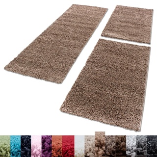 Unbekannt Shaggy Hochflor Teppich Carpet 3TLG Bettumrandung Läufer Set Schlafzimmer Flur, Farbe:Mocca, Bettset:2x60x110+1x100x200