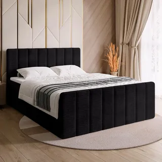 BROMARKT Boxspringbett mit Matratze Bett 160x200 Schwarz Doppelbett mit Topper Boxbett mit Stauraum Polsterbett mit Bettkasten Kopfteil Denver Duo Härtegrad H3 Cordstoff