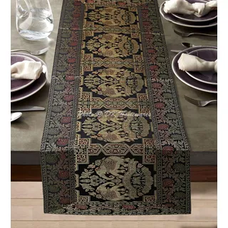 DK Homewares Traditionellese Ethnische Schwarz Brokat 60 X 16 Zoll Wohnkultur Tischdecke Jacquard Elefant Blumen- 5 Ft Satin Stoff Tischläufer ( 150 X 40 cm / Schwarz Gold )
