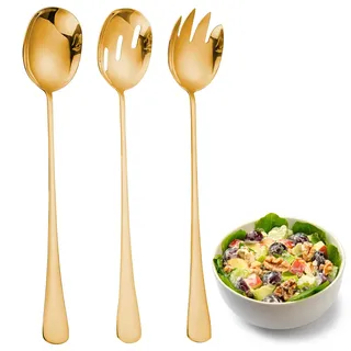 APOMOONS Salatbesteck 410 Edelstahl 28×5.5cm Salatlöffel Salatgabel Groß Servierbesteck Set für Restaurants Hotel Party Buffet 3Stk (Gold)
