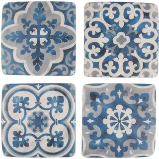 Sass & Belle Set von 4 quadratischen, 9,4 cm x 1 cm großen, blau-weißen Mosaik-Untersetzern aus Kunstharz/Kork