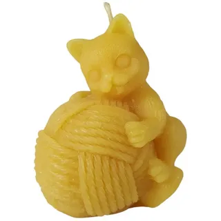 Aspinaworld Formkerze Katzen Kerze auf Wollknäuel 7 cm – Kerze aus Bienenwachs gelb