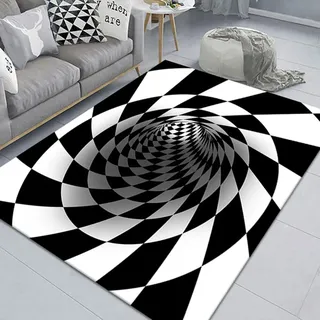 Wirbel Illusions Teppich 3D Trap Effekt Bottomless Pit Teppich Schwarz Weiß Abstraktes Geometrisches Gitter Wohnzimmer Carpet Eingang Fußmatte Schlafzimmer Anti Rutsch Rug (Muster 1,140x200 cm)