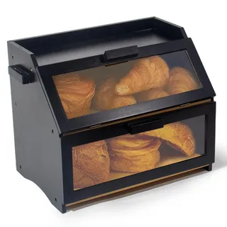 GREELUE Bambus Brotkasten mit Belüftung, Großer Brotbox, 2 Etagen und Sichtfenster, Holz Brotbehälter für Hörnchen, Brötchen, Brotaufbewahrung Küche (Schwarz)
