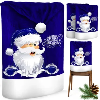 KESSER® Premium Weihnachtsstuhlüberzug 2er Set Stuhlhussen für Weihnachten Nikolausmütze Stuhlbezug Husse Weihnachtsdeko für Stühle Überzieher - Stuhlabdeckung im weihnachtlichen Design, Blau / Weiß
