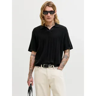 Polokragenpullover JACK & JONES "JJEBRADLEY KNIT SPLIT NECK SS SN", Herren, Gr. M, schwarz, Strick, Obermaterial: 100% Baumwolle, unifarben, normal, V-Ausschnitt, Pullover, Baumwolle