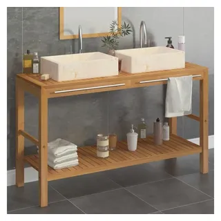 vidaXL Badezimmerspiegelschrank Waschtisch Massivholz Teak mit Waschbecken Marmor Creme (1-St) weiß 132 cm x 75 cm