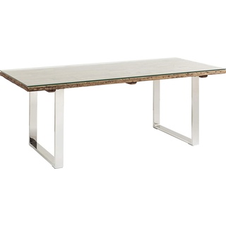 Kare Design Tisch 200x90cm, massiver Esstisch mit rustikaler Tischplatte und aufliegender Glasplatte, Kufen in Chromoptik, moderner Esszimmertisch, Massivholztisch, (H/B/T) 76x200x90cm