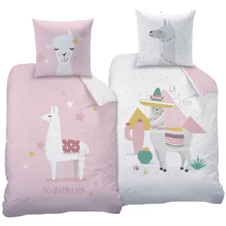 Familando Kinderbettwäsche Lama Alpaka Set 135x200 80x80 cm aus 100% Baumwolle mit Reißverschluss, Renforcé, 2 teilig, mit Lama Wendemotiv und Schriftzug rosa
