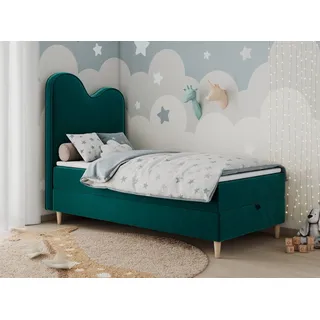 MKS MÖBEL Kinderbett FLOW (Set, Packung, H3-Matratze, Topper, Bettkasten, Jugendbett), Boxspringbett für Kinder, mit hohem Kopfteil, Einzelbett mit Matratze grün