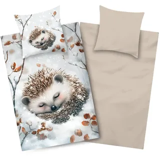 Aminata kids Biber Bettwäsche 135x200 Kinder Igel Tiere 100% Baumwolle | Kinderbettwäsche Tier-Motiv Jungen, Mädchen Jugendliche - Waldtiere beige mit Reißverschluss