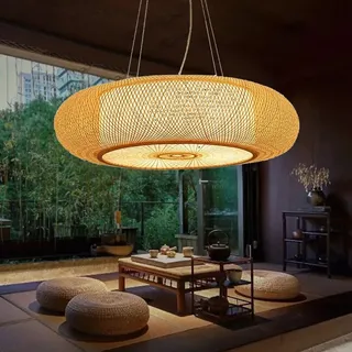 DOCJX Retro Pendelleuchte Bambus E27 Wohnzimmer Deckenleuchte Natürlicher Rattan Pendellampe Bambus Handgewebten Hängeleuchten Höhenverstellbare Kronleuchter Restaurant Teestube Deko Korridor(80CM)