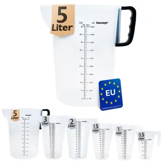 KONZEPT Messbecher 5 Liter, Verschiedene Größen zur Wahl, Ideal für Küche, Garten, Werkstatt, Transparent, Robuster Kunststoff, Litermaß