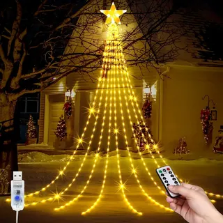 LED Weihnachtsbeleuchtung Außen, LED USB Weihnachtsbaum Lichterkette, 9*2M 8 Modi 198 LEDs Außen Wasserdicht Christbaumbeleuchtung mit Sterne Fernbedienung für Party, Fest, Weihnachtsbaumdekoration