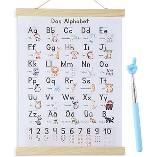 ABC Poster für Kinder 30x40 cm, Lernposter Grundschule Von A - Z mit Rahmen und Fingerlesestab, Alphabet Poster Wanddeko für Kinderzimmer, Kindergarten, Vorschule, Grundschule