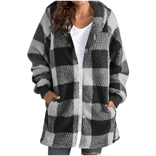 Dyhxuan Fleecejacke Damen mit Kapuze Kariert Plüschjacke Teddyfleece Kapuzenjacke Mittellang Teddyjacke Karo Winterjacke Loose Hoodie Jacke