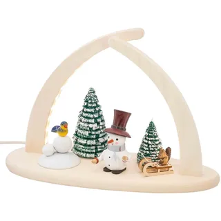 Seiffener Volkskunst | Fensterbeleuchtung Weihnachtsbeleuchtung | LED Spitzbogen Weihnachtsbogen Schwibbogen Lichterbogen | Weihnachtsdeko aus dem Erzgebirge | 29x21 cm | Schneemann mit Schlitten