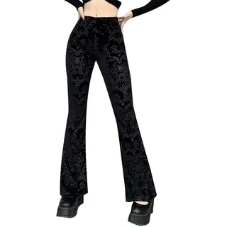 Gothic Punk Hose Damen Spitze Blumen Vintage Schlaghose Schwarze Samthose Y2k Freizeithose Grunge Party Club Wear