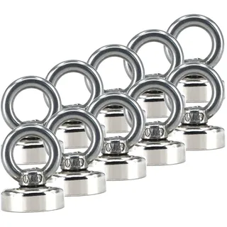 10 x Neodym Magnete Extra Stark Rund Mit Öse | Topfmagnet Mit Bohrung Senkung | Ösenmagnet mit Gewinde Öse zum Festschrauben | Bergemagnet Magnetangeln | 20mm - 10KG