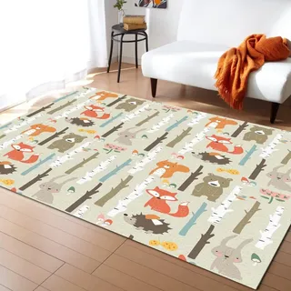TEMLAN Cartoon-Waldtierbaum Teppiche Gegend, Fuchs, Bär, Kaninchen, Elch Kurzflor Teppiche für Drinnen und Draußen Terrasse Balkon Garten Wohnzimmer 160 x 200cm