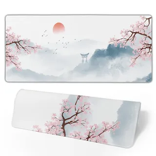 Japanische Kirschblüten-Gaming-Mauspad, Aquarell, Sakura, großes Mauspad, verlängertes weißes Mauspad mit genähten Kanten, Tastatur-Mauspad, 3 mm für Zuhause, Büro, 80 x 20 cm, Kirschblüte 1