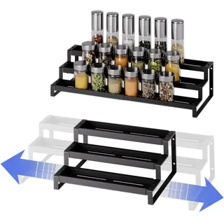 3-Stöckiges Gewürzregal Stehend, Ausziehbar Küchen-Organizer Ohne Bohren | Metall Gewürzregal für die Küche, Schrank und Arbeitsplatte, Spice Rack Organizer-Schwarz