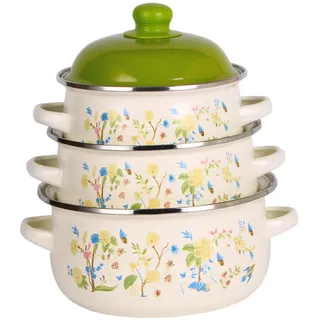 LOVIVER 3-teiliges Emaille-Suppentöpfe-Set mit Deckel, Emaille-Topf-Set, Blumenmuster, Kochtöpfe mit flachem, Eintopf, Bohnen, Simmertopf für Essen, GrÜn