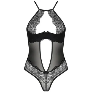 Passion Dessous Stringbody Schwarzer transparenter Damen Dessous Body aus Netz und Spitze mit Büg schwarz L-XL