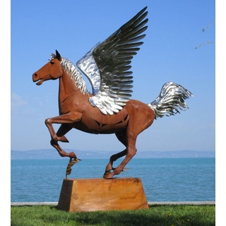 Casa Padrino Luxus Deko Skulptur Pegasus Pferd mit Sockel Rost / Silber 288 x 175 x H. 305 cm - Lebensgroße Stahl Skulptur - Riesige Garten Deko Figur - Garten Skulpturen - Metall Skulpturen