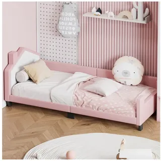 SOFTWEARY Kinderbett mit Lattenrost und Kopfteil (90x200 cm), Jugendbett, Polsterbett, Kunstleder rosa