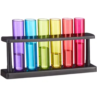 Relaxdays Reagenzgläser Shotgläser, 6 witzige Schnapsgläser mit Ständer, 4 cl, Test Tubes für Shots, Kunststoff, bunt