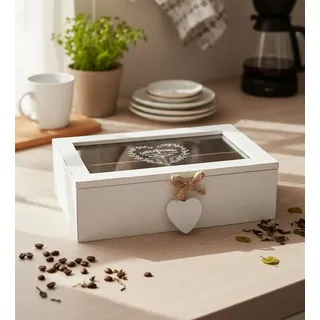 LB H&F Lilienburg Teebox Aufbewahrungsbox Retro Holzbox mit Deckel Shabby, (Teebox Teekiste Aufbewahrungsdose Organizer Utensilo Dose Box Kiste Schmuckbox Schmuckdose Holz Glasdeckel Storage Box, Aufbewahrung für Teebeutel Küchen Tee Teebeutelaufbewahrung Aufbewahrungsbehälter Schaukasten Sortierkasten Schmuck Teebeutelbox Landhausstil Nostalgie), Vintage Herz Dekobox Dekokiste Holzkiste Teebox weiß weiß
