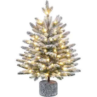 Yaheetech 61 cm Mini Künstlicher Weihnachtsbaum mit Schnee inkl. 35 LEDs | Tisch Tannenbaum mit Warmweiß Beleuchtung & 262 flammhemmenden PE Spitzen, Schneebedeckter Beflockter Christbaum