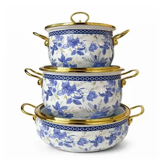 Zilner Topf-Set Kollektion emaillierter 3 Töpfe klassischen Natur inspirierten Designs, Aluminiumguss, Emaille (6-tlg) blau