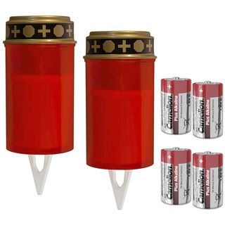 LED Grablicht SET - 2 Grabkerzen mit 4 Baby Batterien - rot flackernd - Timer - Erdspie√ü - rot