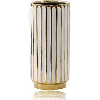 Vase, dekorative Vase, Keramikvase, zylindrische Vase mit goldenen Streifen, Blumenvase für Blumenarrangements, Geschenke für Blumenliebhaber (Größe: 27 cm, Farbe: Schwarz) (weiß 27 cm)