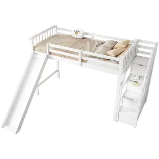 REDOM Kinderbett Einzelbett Hochbett (mit Rutsche, Ablageleiter 90*200cm), ohne Matratze weiß
