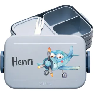 4youDesign | Personalisierte Kinder Brotdose Midi Blau mit Namen - Lunchbox Flugzeug Motiv für Kindergarten & Schule - Brotzeitdose Mädchen Junge