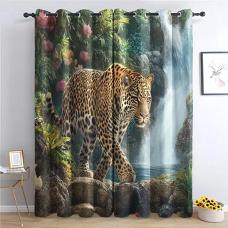 Luxfieo Leopard Vorhänge Gepard Dschungel Wilde Tiere Vorhang Blickdicht Gardinen Verdunklungsvorhänge mit Ösen Thermovorhang für Wohnzimmer Schlafzimmer Fenster Deko 2er Set H 220 x B 140 cm I#380
