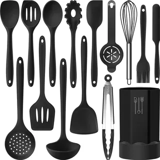 Strex Küchenutensilien-Set mit Halter 15-teilig - Hitzebeständig / BPA-frei / Silikon - Kuchenhelfter Set - Schwarz