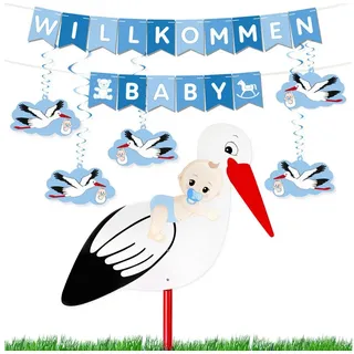 BRUBAKER Girlande Willkommen Baby Girlande + Großer Storch aus Holz für Jungen & Mädchen, Baby Deko Set - Wimpelkette mit Anhängern und Klapperstorch - Deko blau