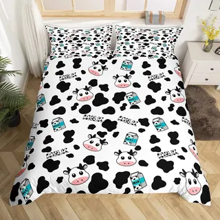 Bettwäsche Kuh, bedruckt, 140 x 200 cm, Cartoon, Milch, Kuh, Bettwäsche-Set, Bettbezug für Kinder, schwarz und weiß, Bettbezug niedlich, Kuhmotiv, atmungsaktiv, Room Decor