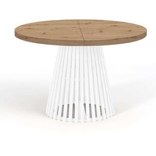Runder Ausziehbarer Tisch für Esszimmer, DOVER - Industrial/Loft Still mit Lamellenbeine, Durchmesser: 100 / 200 cm, Farbe: Eiche Artisan / Weiß