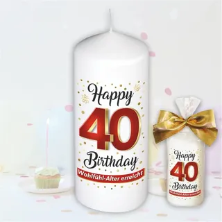 Stumpenkerze - Geburtstagskerze zum 40. Geburtstag, Happy Birthday - Für Dich | Motive auf Tattoofolie | Geschenkfolie und goldener Schleife | Kerze mit Geburtstagszahl Zahl in Geschenkverpackung