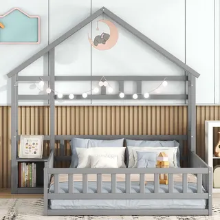 Kinderbetten 140x200 cm (Ohne Matratze) Hochbetten Hausbetten mit Geländer Kinderbetten mit Nachttischen Grau - Grau