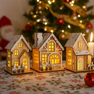 3 Stück Weihnachtsdorf mit Beleuchtung, Weihnachtsdeko Innen LED Holzhaus | Weihnachten Wichtelhaus Weihnachtshaus Beleuchtet Weihnachtsdeko Holz Haus Mini Lichthaus Weihnachtsstadt Häuser Winter Deko