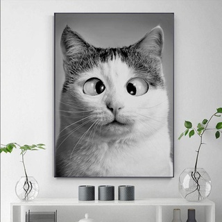 Leinwandbild Lustige Süße Katze Leinwand Malerei Tier Big Eyes Katze Poster Und Drucke Schwarz-Weiß-Poster Für Kinderzimmer Dekor Home Decor 20X28 Zoll